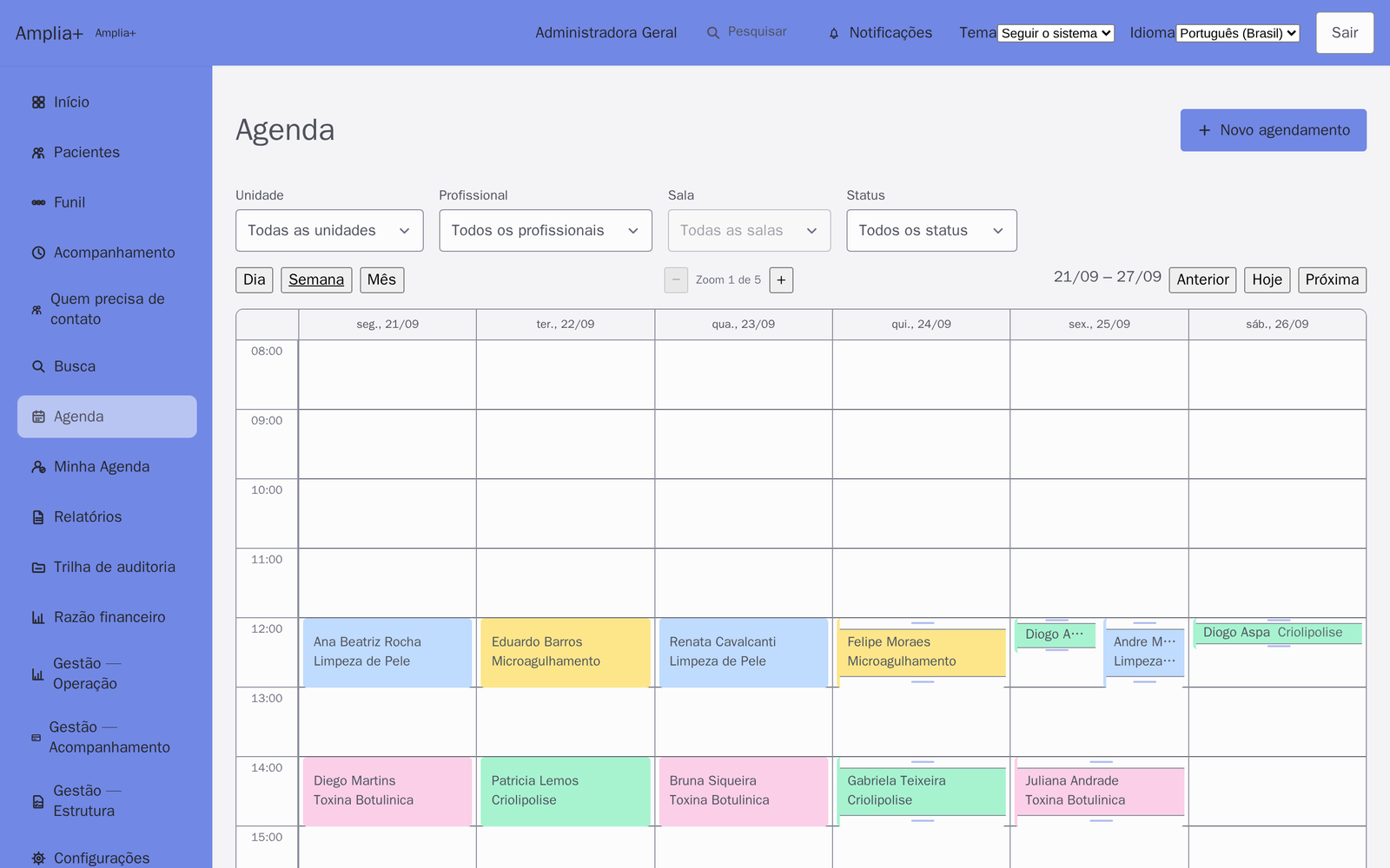 Tela da agenda do Amplia+ Estética, com os agendamentos da semana por profissional